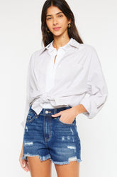 Kancan High Rise Frayed Hem Denim Shorts Dark OutfitFlow